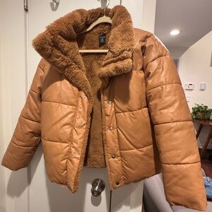 Express Women's Faux Leather Puffer Jacket with Sherpa Lining - Camel